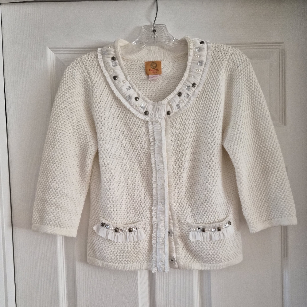 Ruby Rd. Cream Cardigan with Ruffle Details
